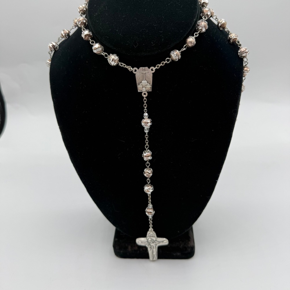 Vintage Italy Rosary Copper Foil Glass Beads Silver Tone‎ Large Crucifix 15.5in